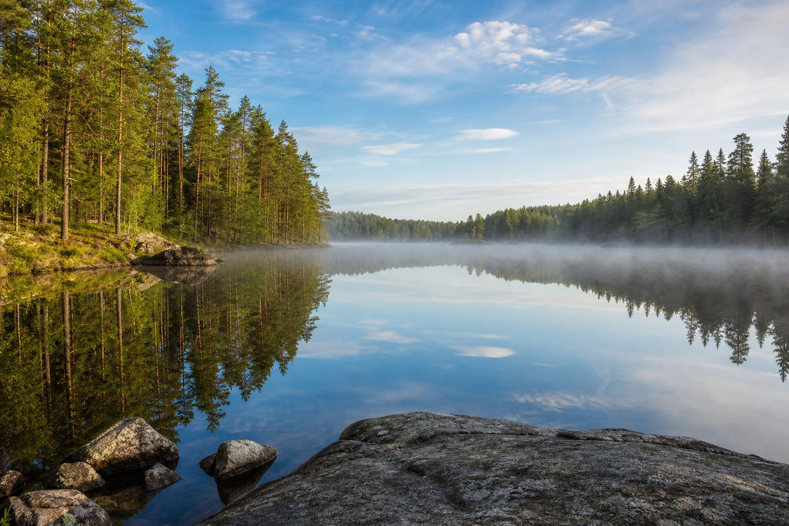Calm Finnish forest lake with morning mist and pine forest